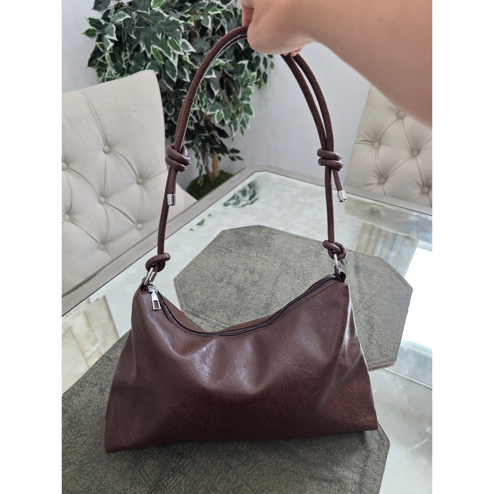 Brown Faux Leather Shoulder Bag Hobo Style Knot Detail Top Zip Closure - Picture 5 of 8